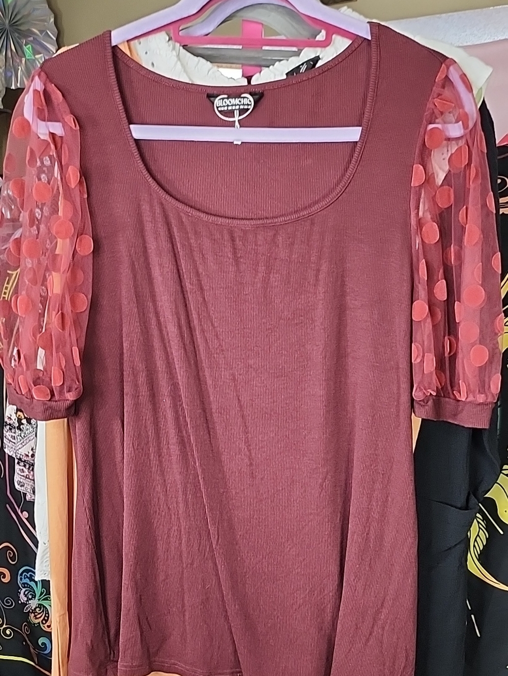 BloomChic Burgundy Scoop Neck Top with Sheer Polka Dot Puff Sleeves NWOT 24PTP